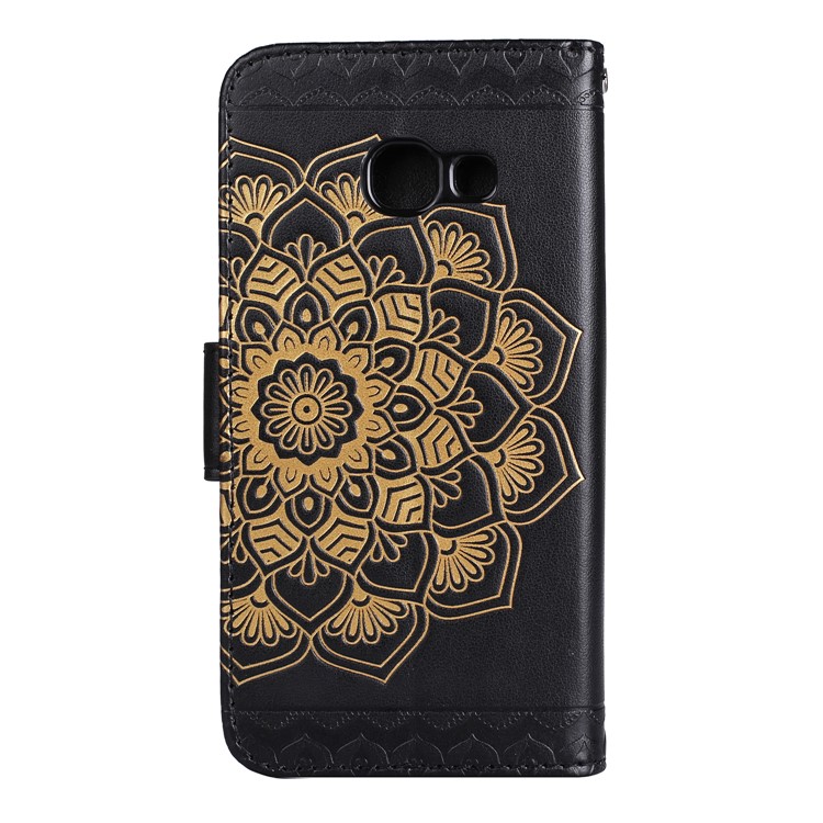 Imprint Henna Lotus Wallet Leather Case for Samsung Galaxy A7 (2017) SM-A720F with Lanyard - Black-2