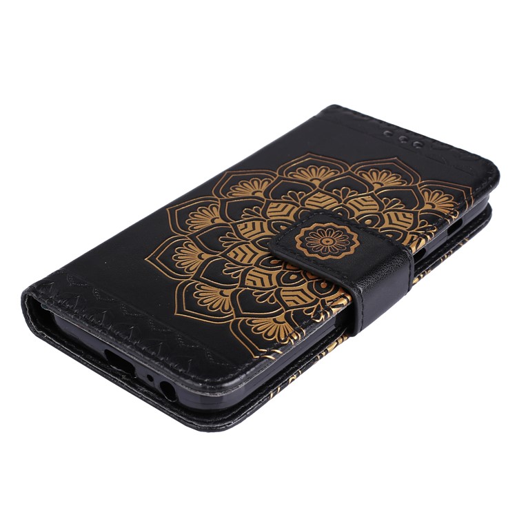 Imprint Henna Lotus Wallet Leather Case for Samsung Galaxy A7 (2017) SM-A720F with Lanyard - Black-4