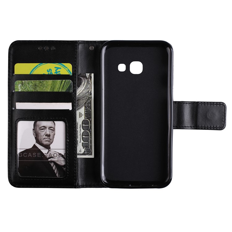 Imprint Henna Lotus Wallet Leather Case for Samsung Galaxy A7 (2017) SM-A720F with Lanyard - Black-5