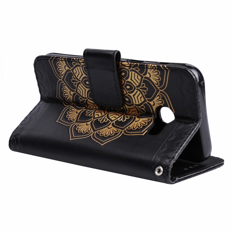Imprint Henna Lotus Wallet Leather Case for Samsung Galaxy A7 (2017) SM-A720F with Lanyard - Black-7