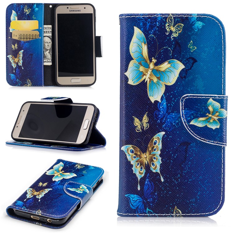 

Pattern Printing Magnetic Leather Wallet Mobile Phone Case with Stand for Samsung Galaxy A3 (2017) - Gold and Cyan Flower, Galaxy A3 (2017)
