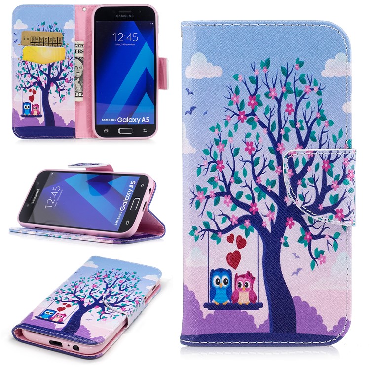 

Pattern Printing Magnetic Leather Wallet Phone Casing with Stand for Samsung Galaxy A5 (2017) SM-A520 - Tree with Blossoming Flower and Two Owls, Galaxy A5 (2017)