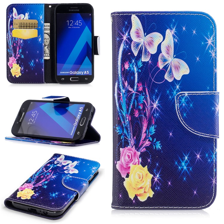 

Pattern Printing Magnetic Stand Leather Wallet Phone Casing for Samsung Galaxy A5 (2017) SM-A520 - Two Butterflies and Flower