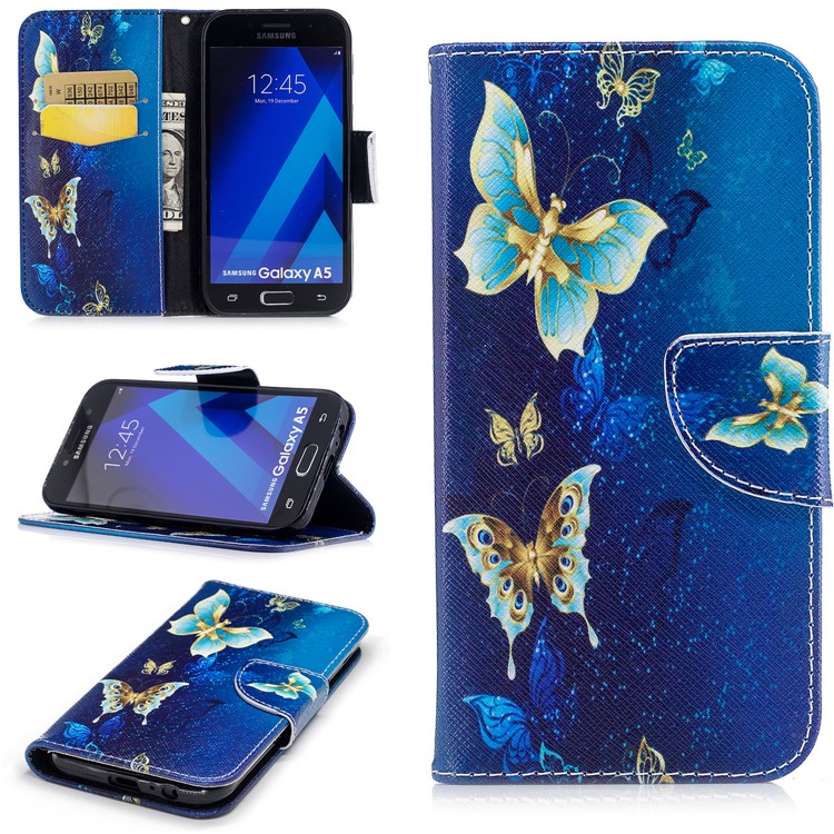 

Pattern Printing Magnetic Stand Leather Wallet Phone Shell for Samsung Galaxy A5 (2017) SM-A520 - Gold and Cyan Flower, Galaxy A5 (2017)