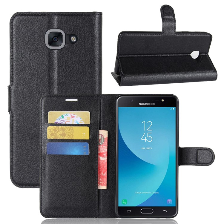 Litchi Skin Wallet Leather Stand Phone Cover for Samsung Galaxy J7 Max - Black-1