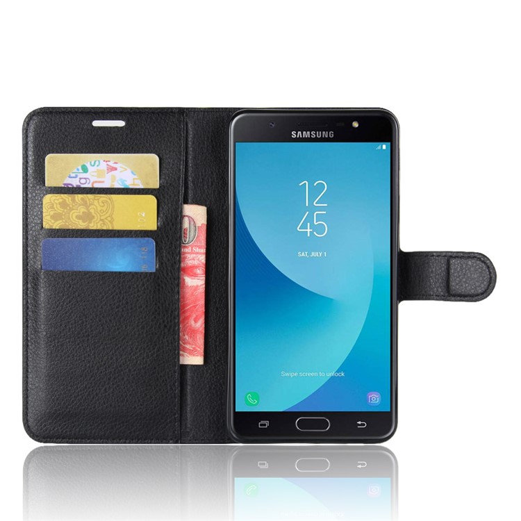 Litchi Skin Wallet Leather Stand Phone Cover for Samsung Galaxy J7 Max - Black-4