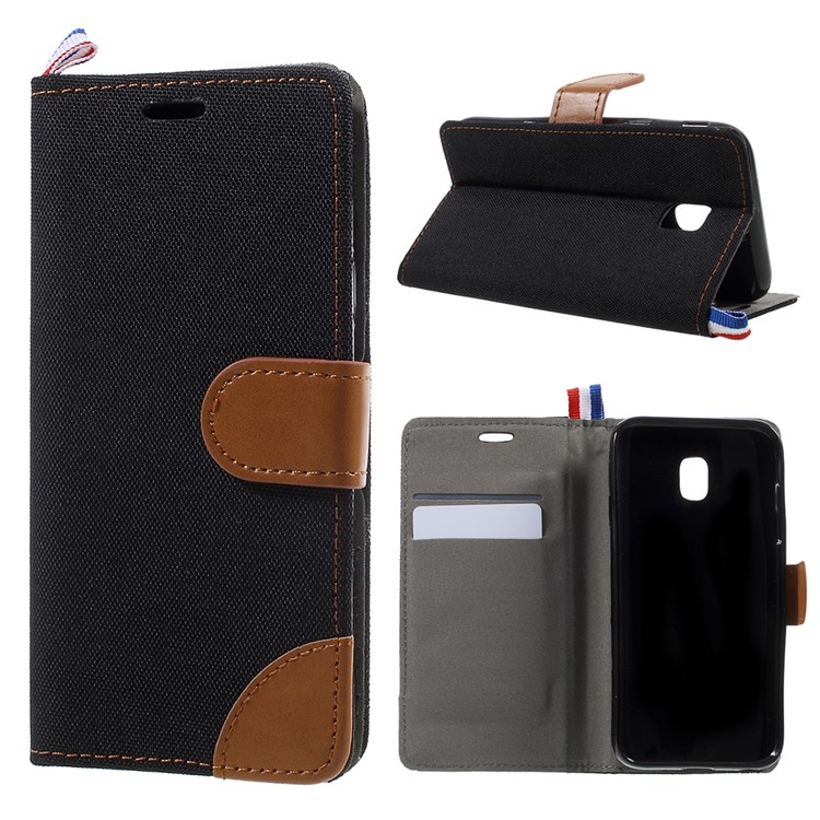 Denim Skin Leather Card Holder Stand Case for Samsung Galaxy J3 (2017) EU Version - Black-1