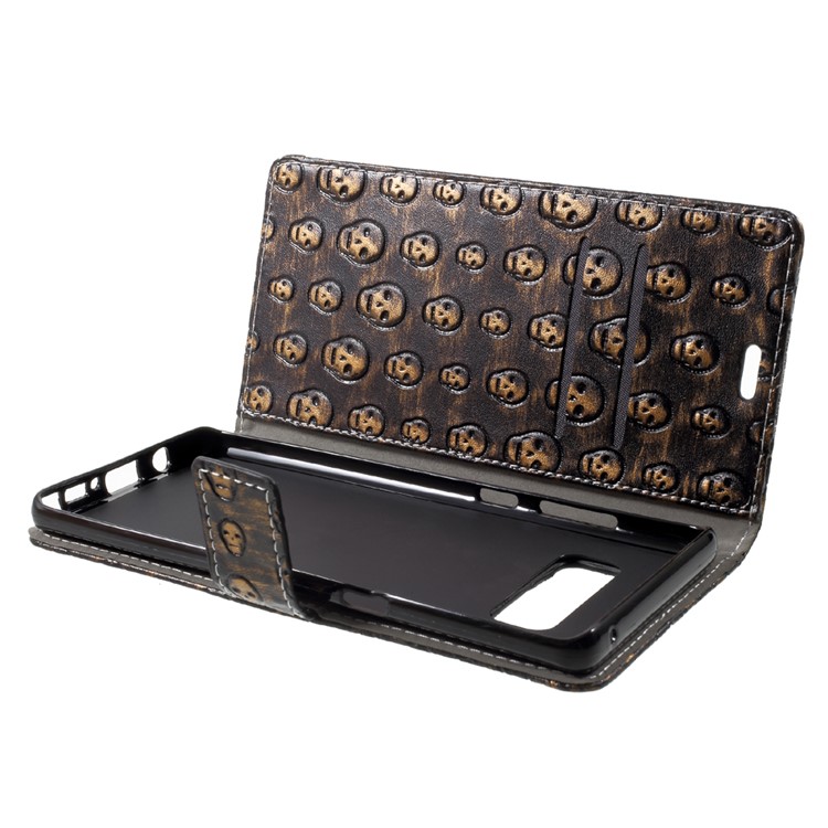 Metal Style Imprinted Leather Stand Wallet Phone Case for Samsung Galaxy Note 8 - Bronze / Skull-5