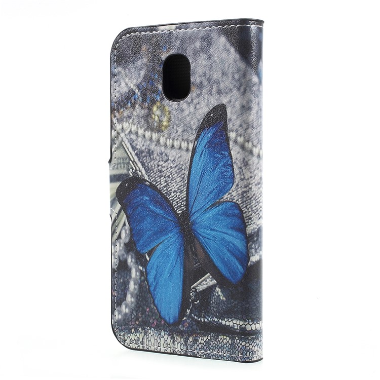 Impressão de transferência de água Leather Wallet Stand Phone Case para Samsung Galaxy J5 (2017) Versão da UE-azul borboleta-2