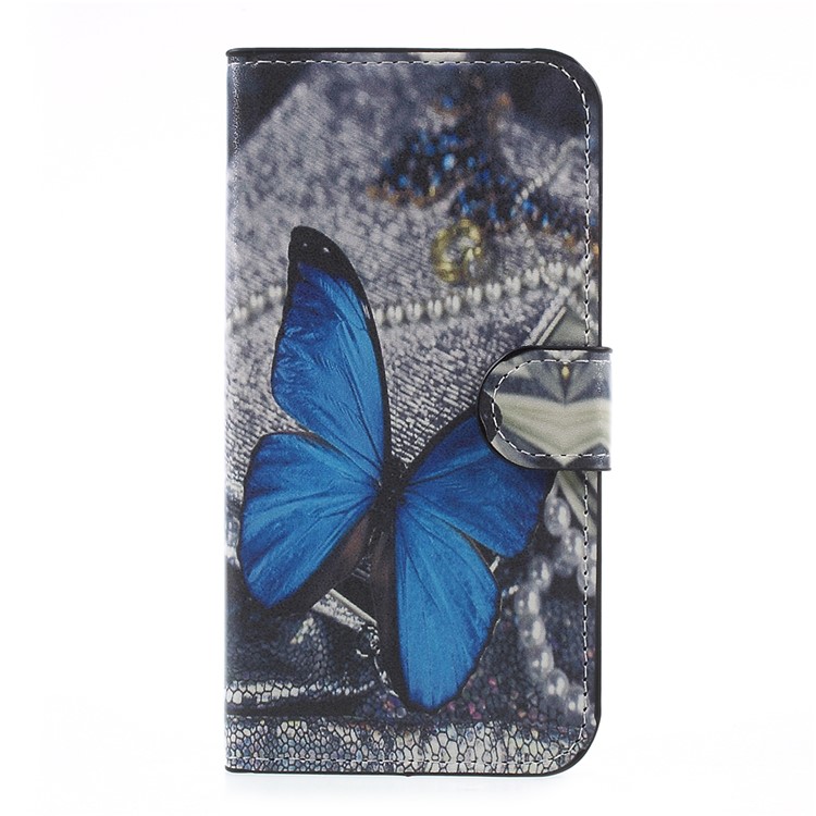 Impressão de transferência de água Leather Wallet Stand Phone Case para Samsung Galaxy J5 (2017) Versão da UE-azul borboleta-3