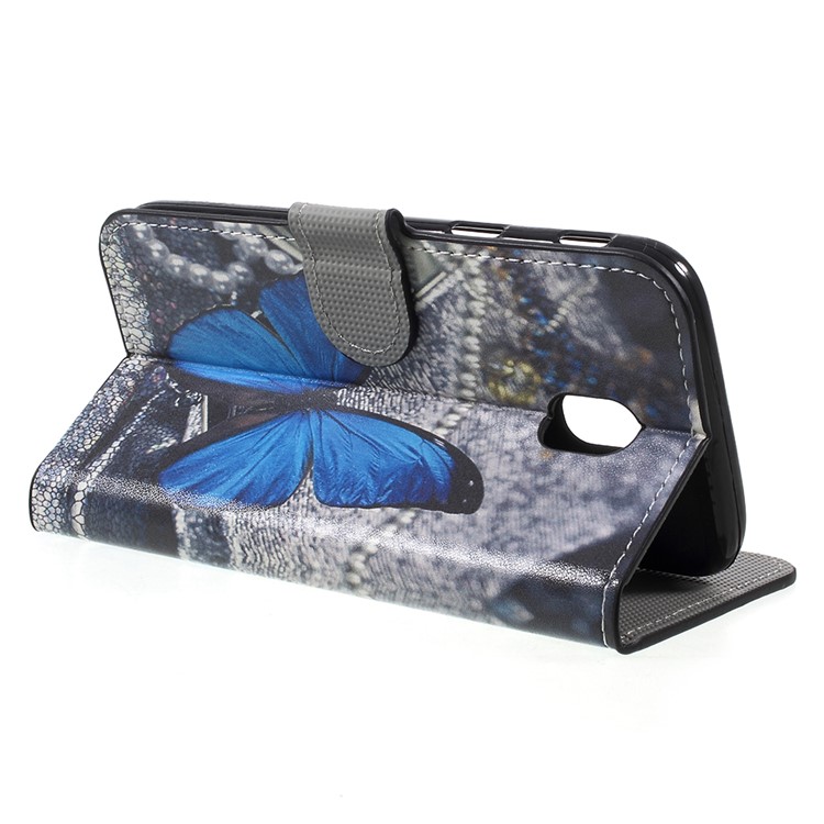 Impressão de transferência de água Leather Wallet Stand Phone Case para Samsung Galaxy J5 (2017) Versão da UE-azul borboleta-5