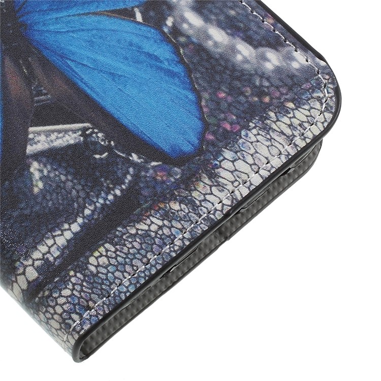 Impressão de transferência de água Leather Wallet Stand Phone Case para Samsung Galaxy J5 (2017) Versão da UE-azul borboleta-7