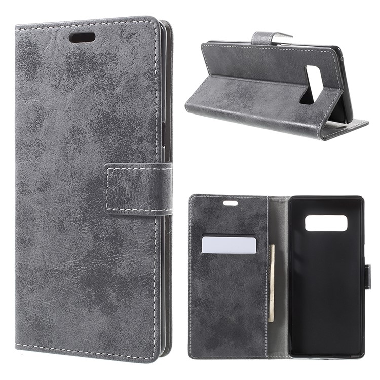For Samsung Galaxy Note 8 Retro Style Wallet Stand Leather Flip Protective Cover - Grey-1