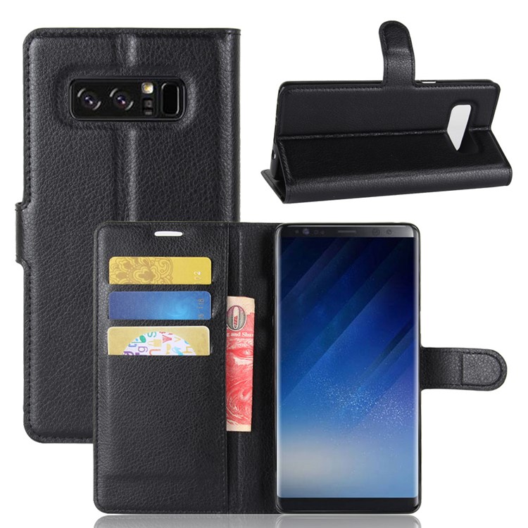 For Samsung Galaxy Note 8 Litchi Texture PU Leather Wallet Stand Flip Shell - Black-1