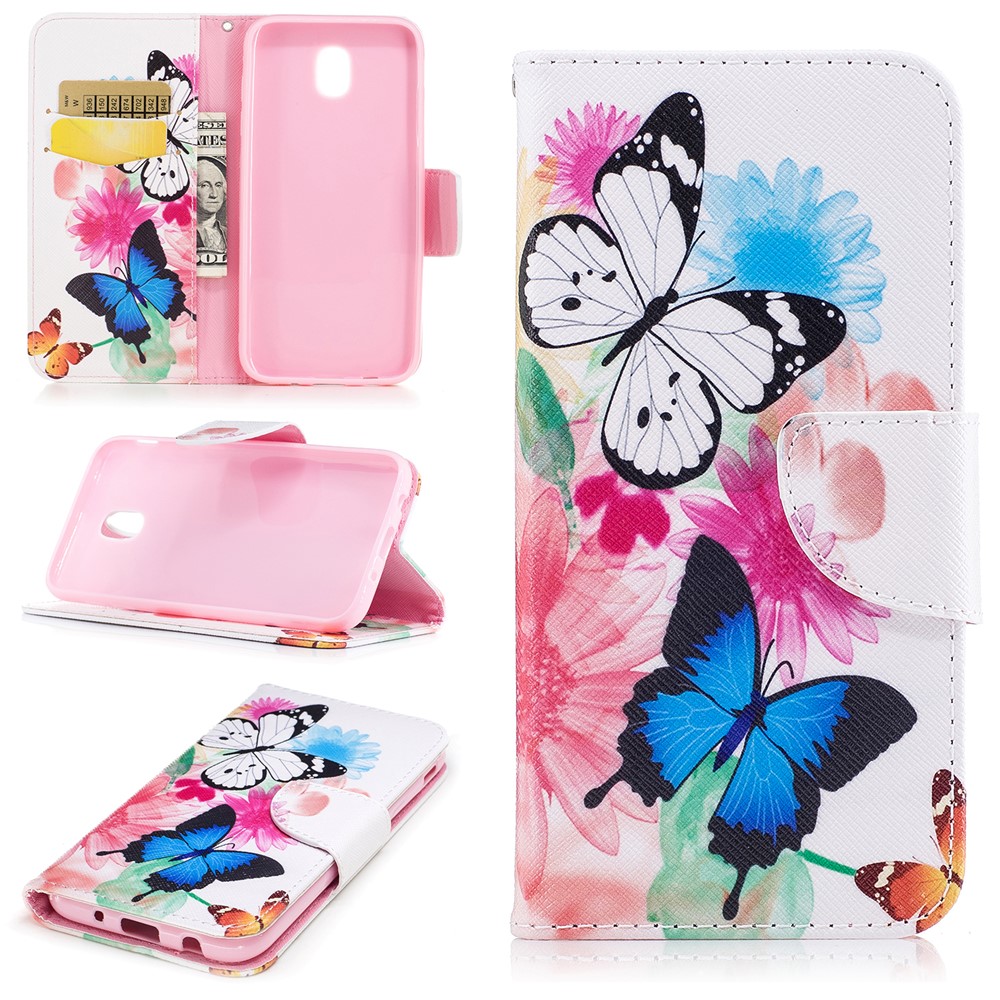 Pattern Printing PU Leather Wallet Protection Mobile Shell with Stand for Samsung Galaxy J3 (2017) EU Version - Flowers and Butterflies-1
