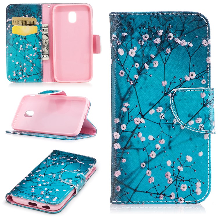 Pattern Printing Wallet Leather Stand Cover for Samsung Galaxy J7 (2017) J730 EU Version - Blue / Small Flowers-1