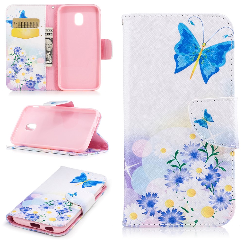 For Samsung Galaxy J7 (2017) J730 EU Version Pattern Printing Wallet Leather Stand Cell Phone Casing - Daisy and Blue Butterfly