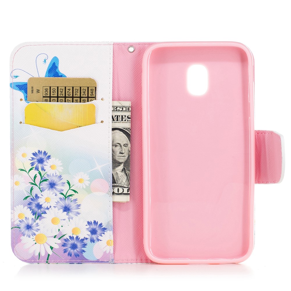 Para Samsung Galaxy J7(2017) J730 Versão da UE Padrão de impressão Carteira de couro Suporte de caixa de telefone celular - Daisy e Blue Butterfly-8