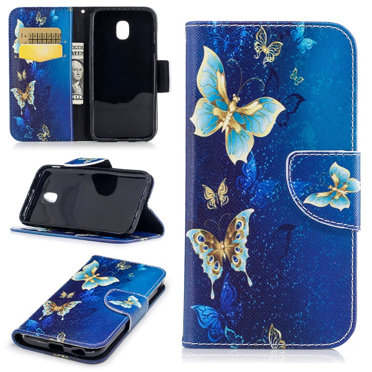 For Samsung Galaxy J3 (2017) EU Version Pattern Printing Wallet Stand Leather Shell with Magnet - Gold and Cyan Butterfly-1