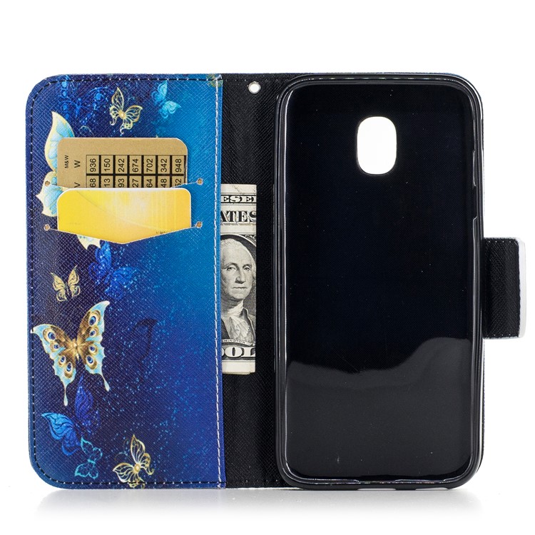 For Samsung Galaxy J3 (2017) EU Version Pattern Printing Wallet Stand Leather Shell with Magnet - Gold and Cyan Butterfly-8