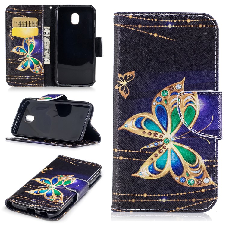 For Samsung Galaxy J3 (2017) EU Version Pattern Printing Wallet Stand Leather Mobile Protective Shell - Butterfly with Diamond