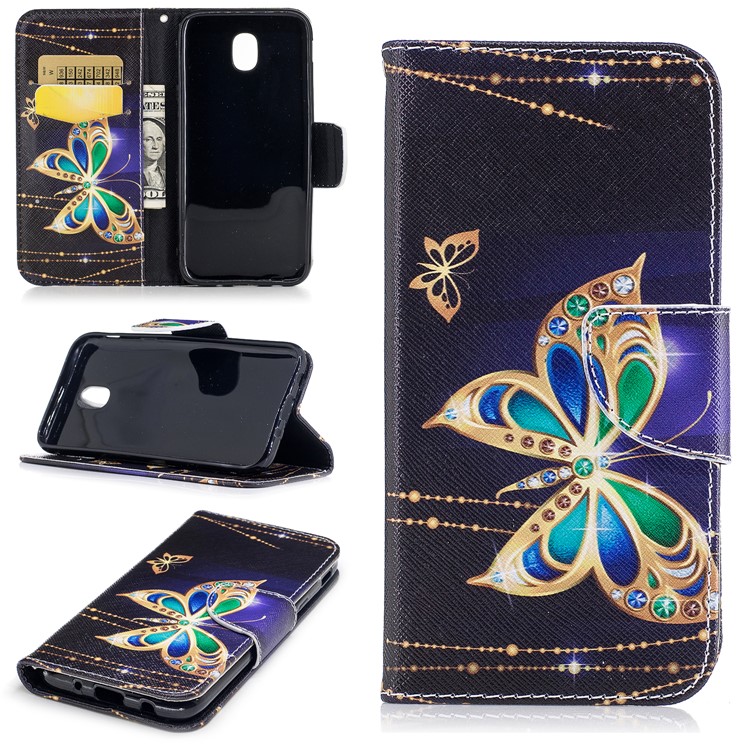 Impresión de Patrones Capas de Teléfono de la Billetera de Cuero Magnético Con Soporte Para Samsung Galaxy J5 (2017) Versión de la ue - Mariposa Con Diamante