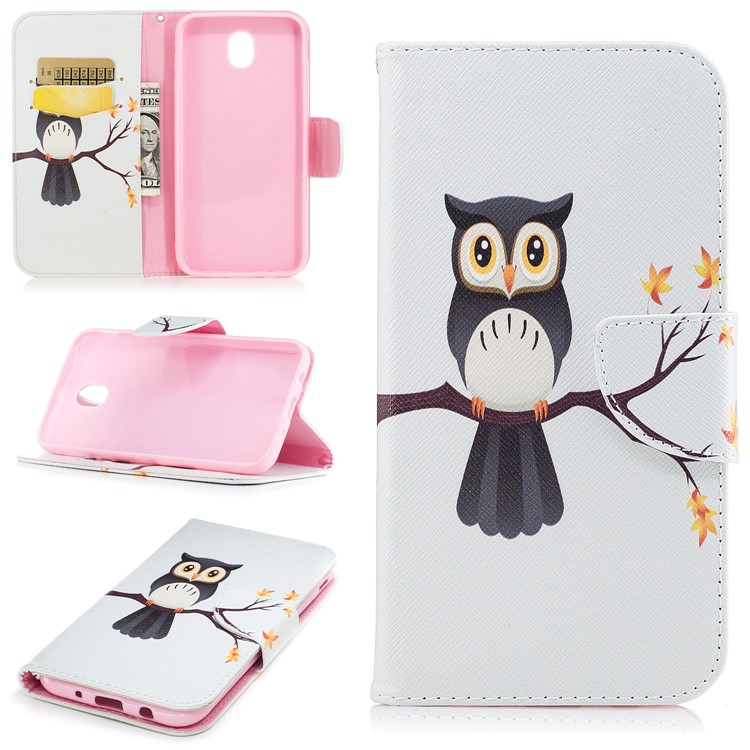 Padrão de impressão Wallet Stand Protetor de couro para Samsung Galaxy J7(2017) EU versão - Uma coruja em pé no ramo-1