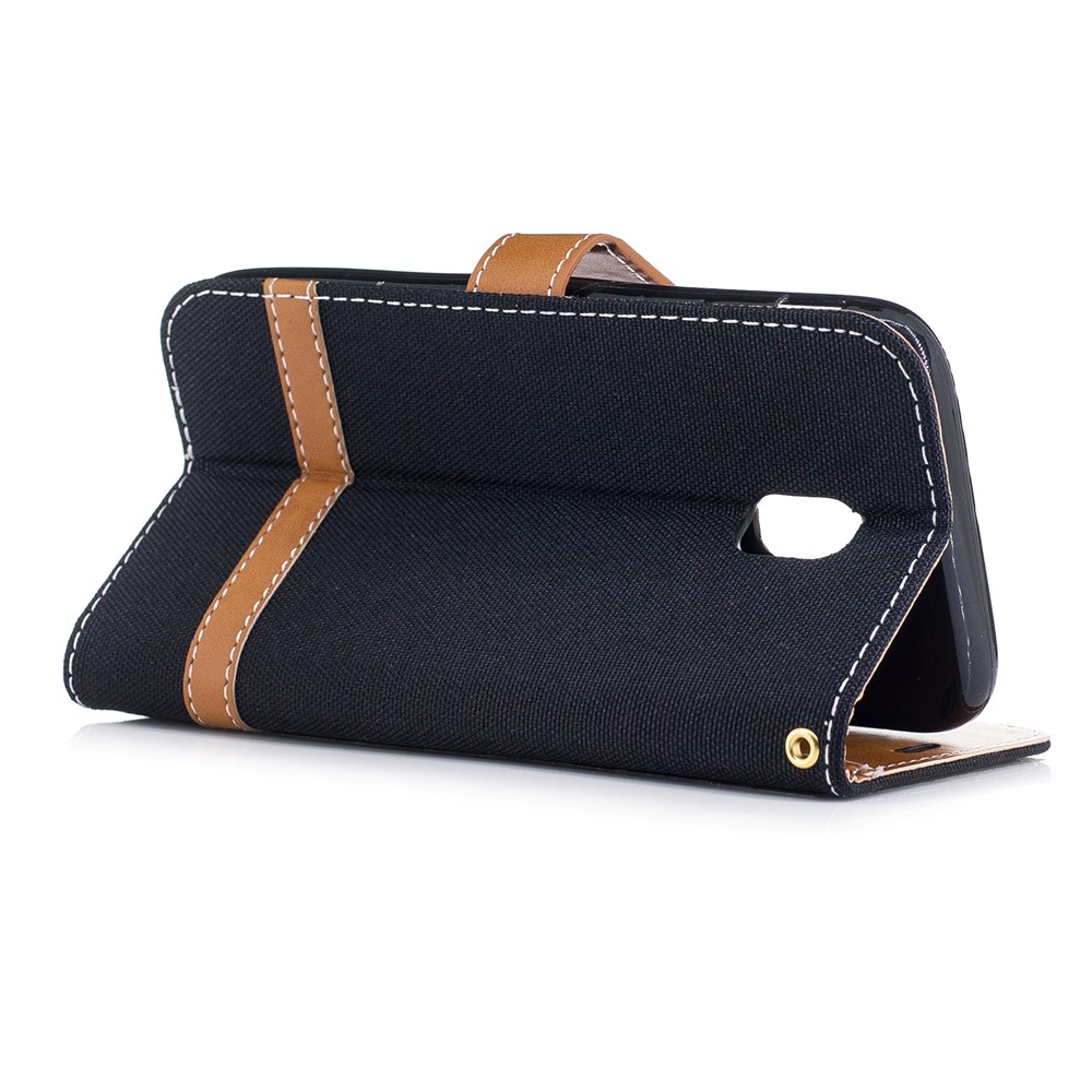 Two-tone Jean Cloth Leather Wallet Stand Casing with Card Slots for Samsung Galaxy J3 (2017) EU Version - Black-4