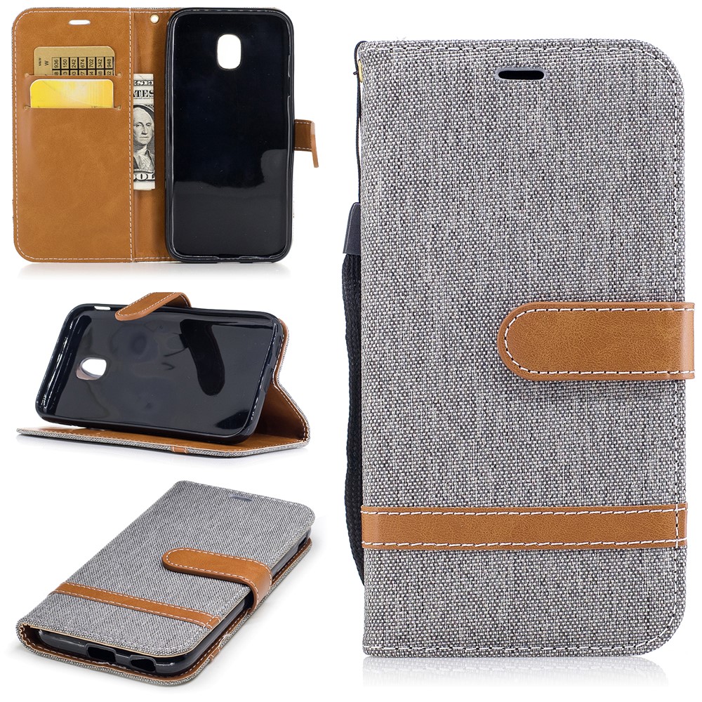 Capa De Estante De Couro Com Bolsa De Couro De Jean De Dois Tons Com Slots De Cartões Para Samsung Galaxy J3 (2017) Versão Da UE - Cinzento-1