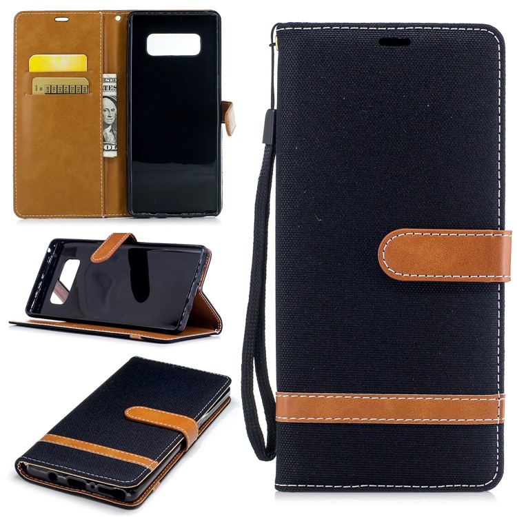 For Samsung Galaxy Note 8 Two-tone Jean Cloth PU Leather Stand Phone Case Cover - Black-1