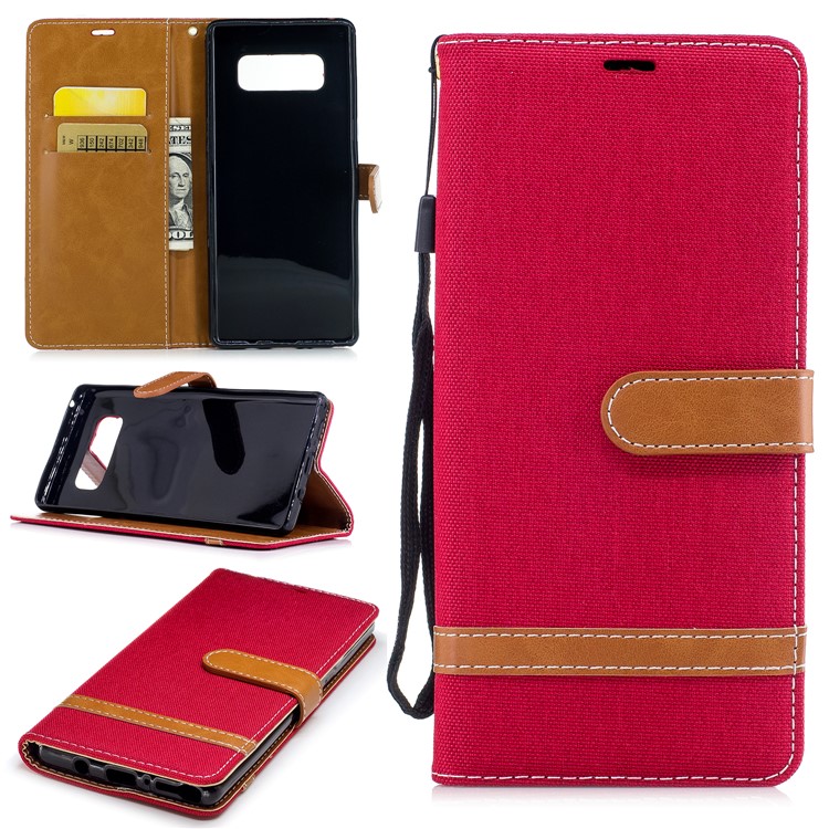 

Two-tone Jean Cloth PU Leather Stand Mobile Phone Case Accessory for Samsung Galaxy Note 8 - Red