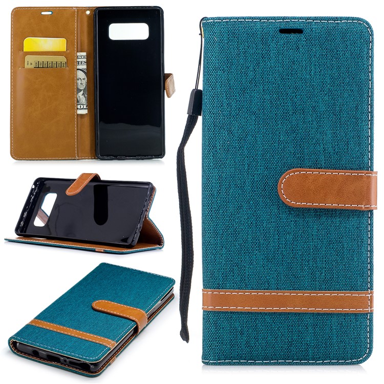 

Two-tone Jean Cloth PU Leather Stand Phone Protective Case for Samsung Galaxy Note 8 - Cyan