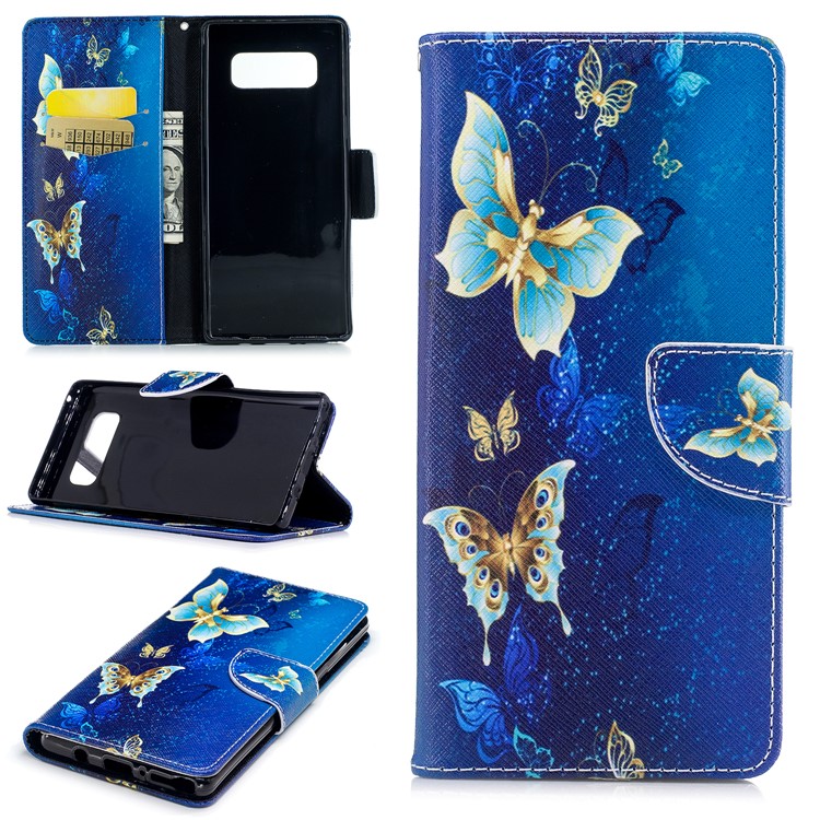 

Patterned PU Leather Wallet Stand Protective Phone Shell for Samsung Galaxy Note 8 - Blue and Gold Butterfly
