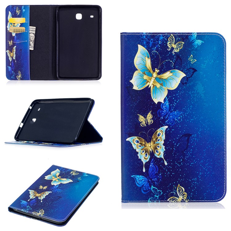 

For Samsung Galaxy Tab E 8.0 T377 Pattern Printing Leather Wallet Protection Shell - Gold and Cyan Butterfly