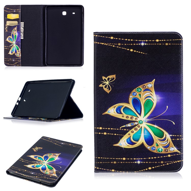 For Samsung Galaxy Tab E 9.6 T560 Pattern Printing PU Leather Wallet Stand Case - Butterfly with Diamond-1