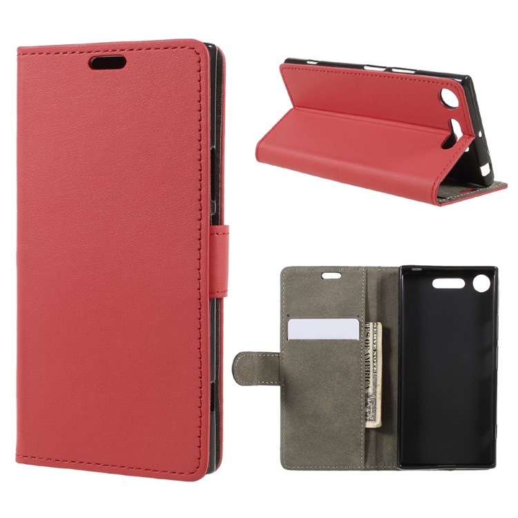 PU Leather Wallet Stand Folio Shell for Sony Xperia XZ1 - Red-1