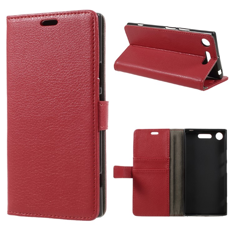Litchi Grain Leather Wallet Phone Protective Cover with Stand for Sony Xperia XZ1 - Red-1