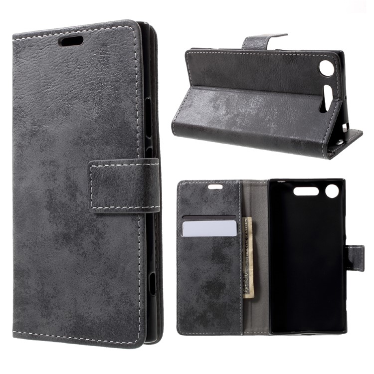 Retro Card Slots Leather Cover Case with Stand for Sony Xperia XZ1 - Black-1