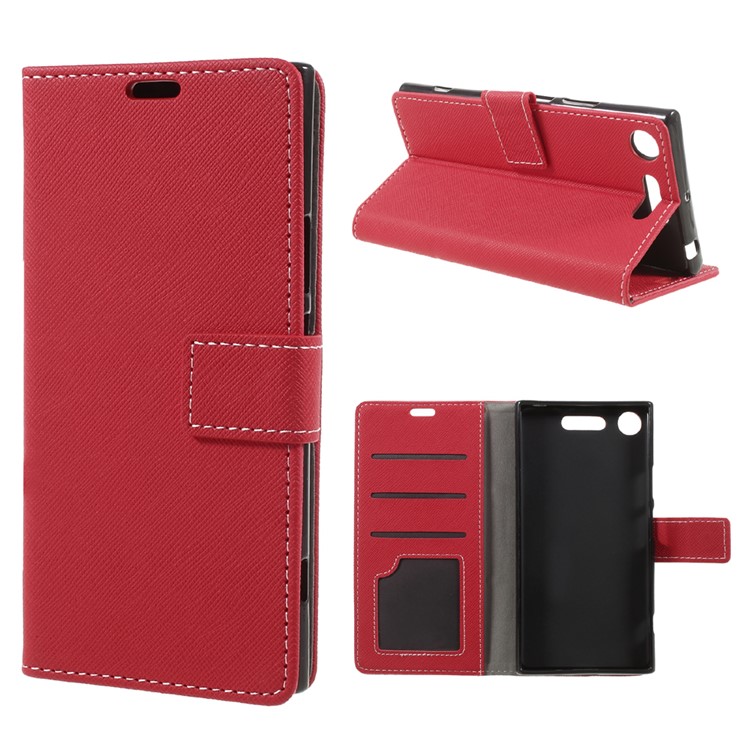 Cross Texture Leather Wallet Stand Phone Shell for Sony Xperia XZ1 - Red-1
