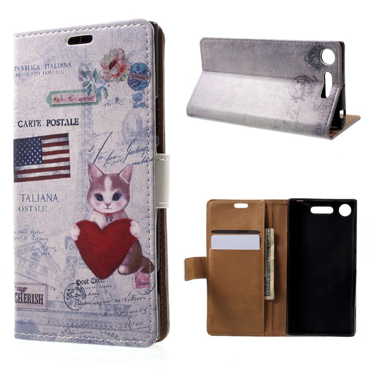 Pattern Printing Wallet Leather Stand Flip Case for Sony Xperia XZ1 - Cat Holding Heart-1