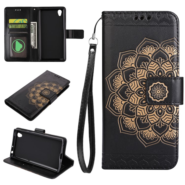 Imprint Mandala Pattern Folio Style Wallet Leather Stand Flip Case with Strap for Sony Xperia L1 - Black-1