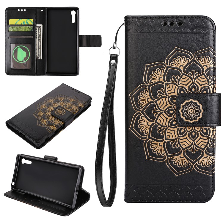 For Sony Xperia XZ Imprinted Flower Pattern Folio PU Leather Stand Wallet Phone Casing - Black-1
