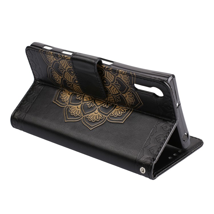 For Sony Xperia XZ Imprinted Flower Pattern Folio PU Leather Stand Wallet Phone Casing - Black-6