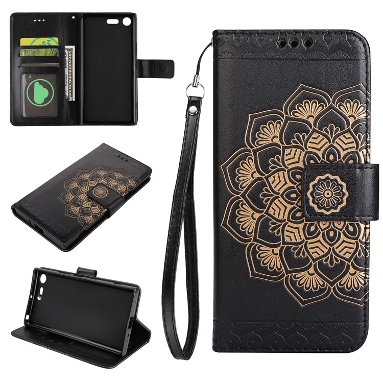 Imprinted Flower Pattern PU Leather Stand Wallet Case for Sony Xperia XZ Premium - Black-1