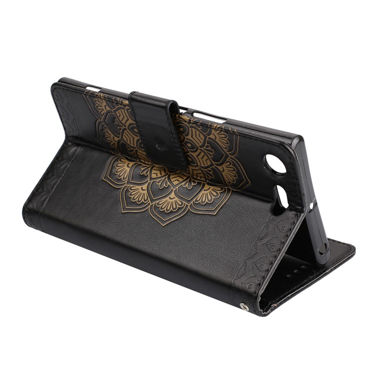 Imprinted Flower Pattern PU Leather Stand Wallet Case for Sony Xperia XZ Premium - Black-6