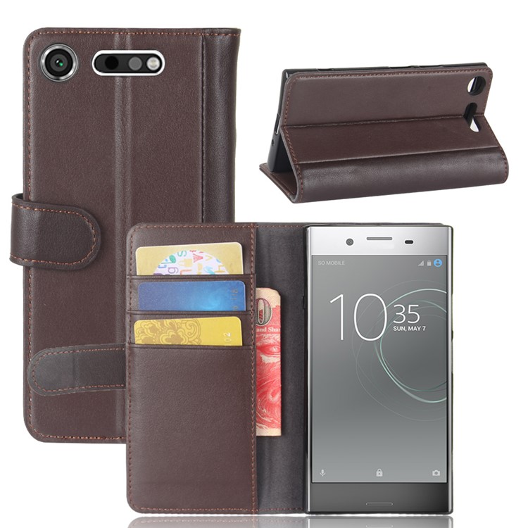 Genuine Split Leather Wallet Stand Case Cover for Sony Xperia XZ1 - Brown-1