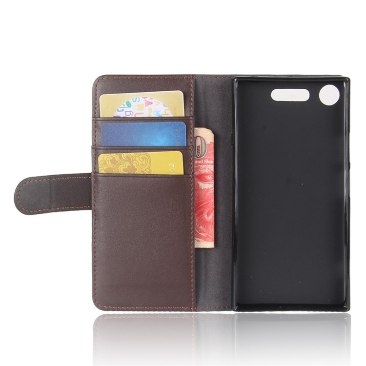 Genuine Split Leather Wallet Stand Case Cover for Sony Xperia XZ1 - Brown-4