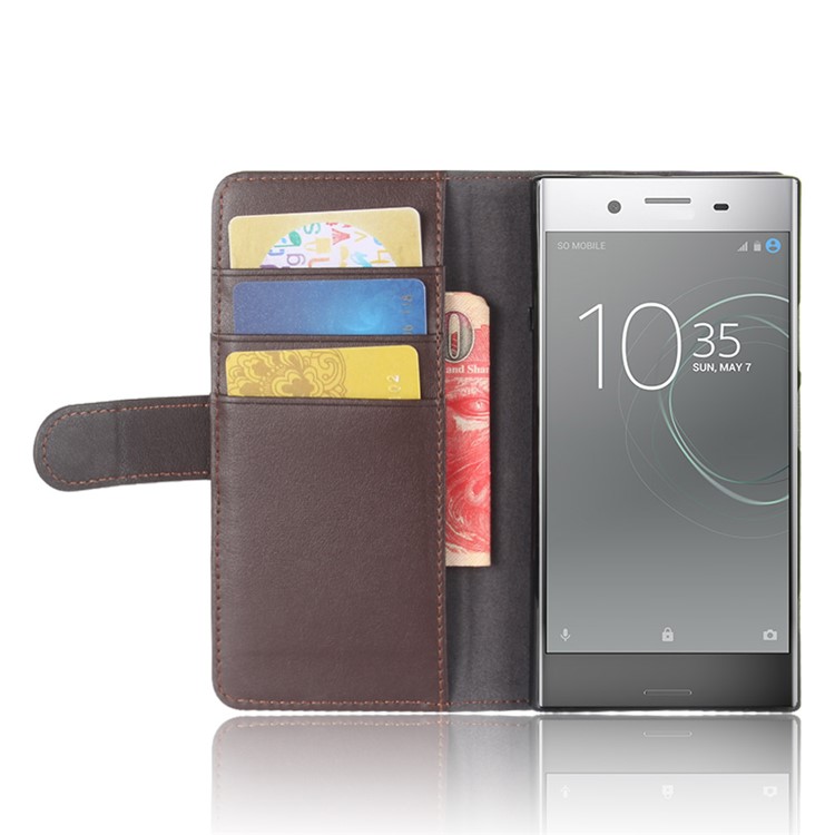 Genuine Split Leather Wallet Stand Case Cover for Sony Xperia XZ1 - Brown-5