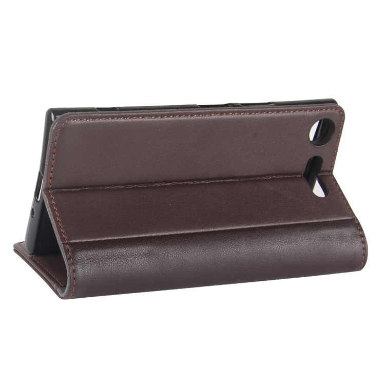 Genuine Split Leather Wallet Stand Case Cover for Sony Xperia XZ1 - Brown-6