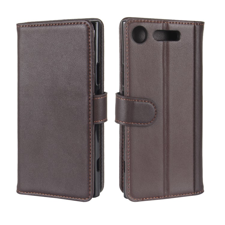 Genuine Split Leather Wallet Stand Case Cover for Sony Xperia XZ1 - Brown-8
